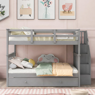 Lit superposé double avec lit gigogne, rangement et barrière de sécurité pour chambre à coucher, dortoir Stairway