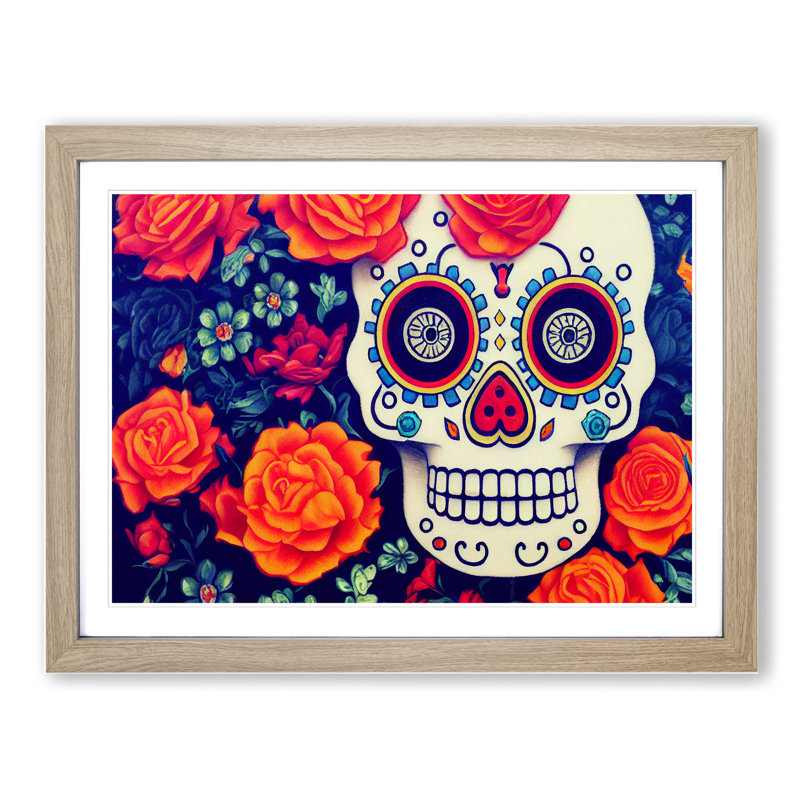 Wondrous Floral Sugar Skull - Single Picture Frame Painting, 46cm H x 64cm W x 2cm D, Oak