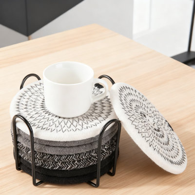 Premium Woven Cotton Coaster Set With Holder, Highly Absorbent Drink Coasters For Hot And Cold Beverages, Ideal For Home And Office Decor