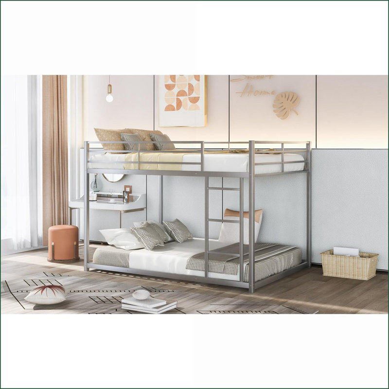Full Over Full Metal Low Bunk Bed with Ladder - Silver for Small Spaces