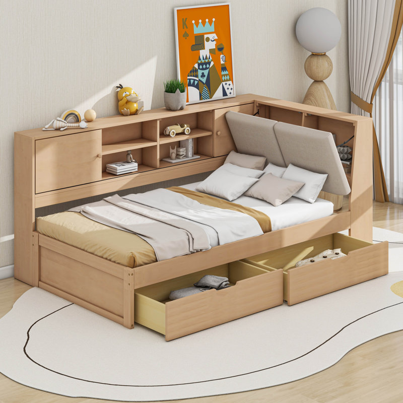  Lit plateforme Heera avec tablettes de rangement en L et 2 tiroirs, Naturel, Simple