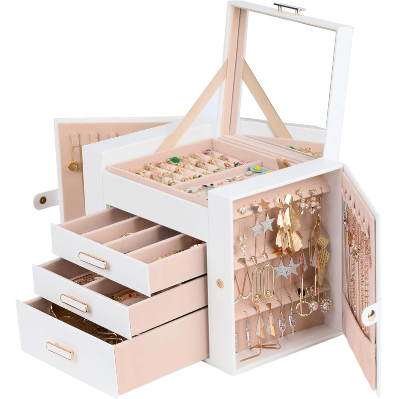 Boîte de rangement pour bijoux 4 couches avec miroir, 2 portes pour colliers et 2 placards pour boucles d'oreilles, grande armoire de rangement pour bijoux avec plusieurs compartiments