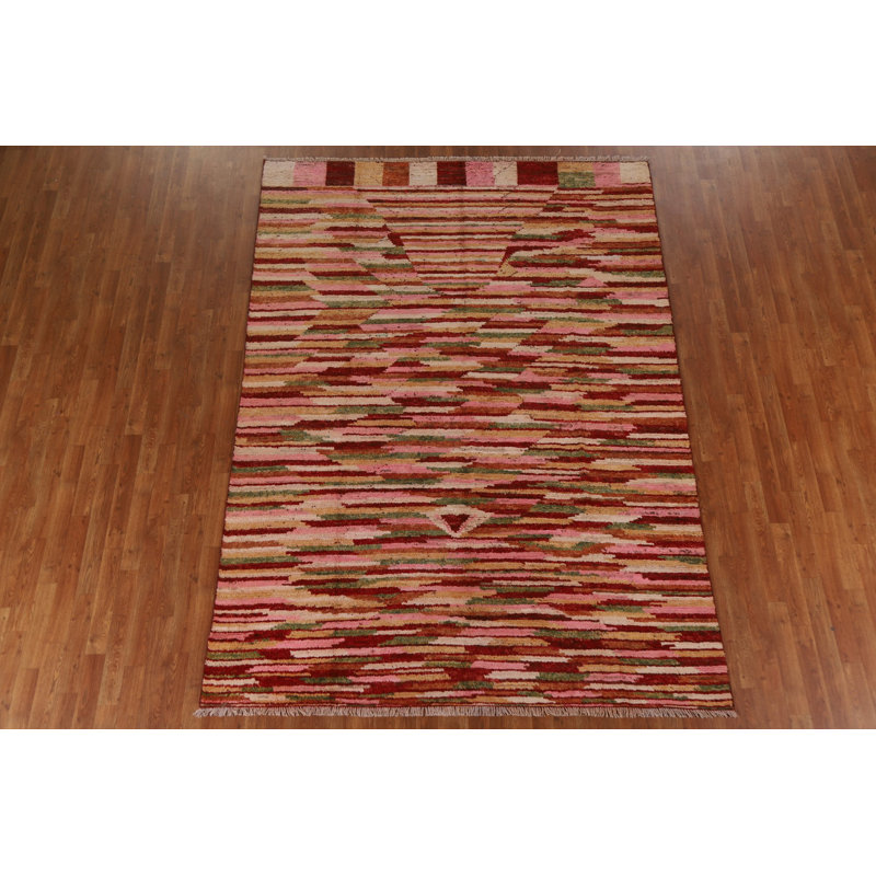 Tapis rose en laine noué à la main de conception unique 6 pi 10 po x 9 pi 7 po New Age