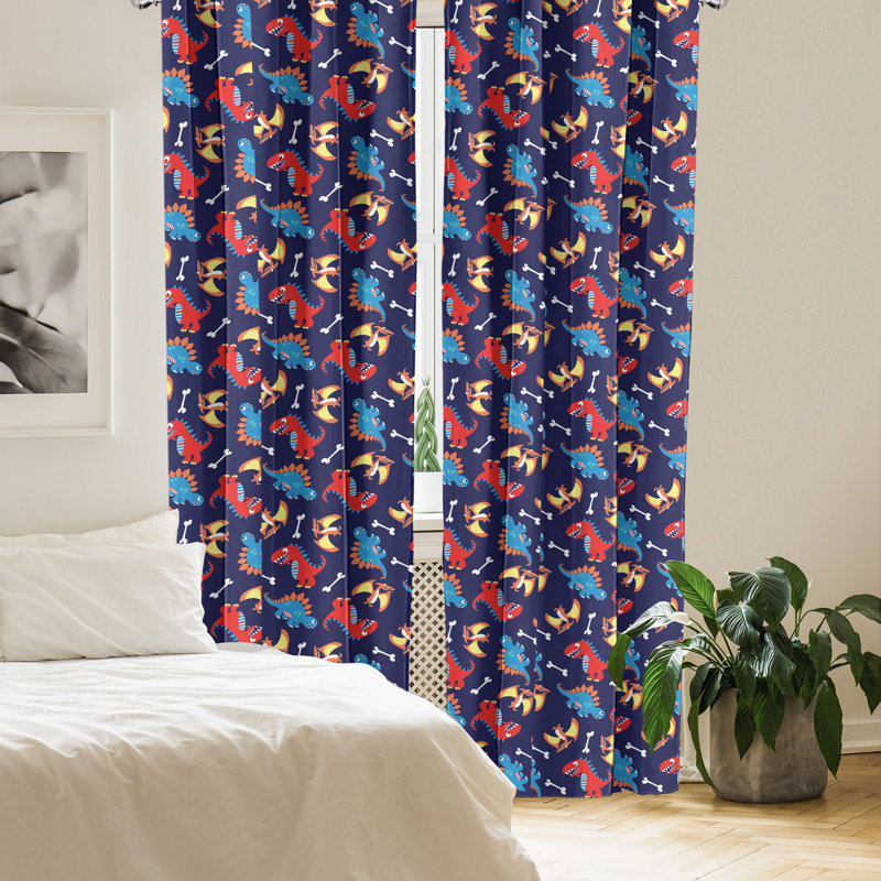Red Barrel Studio® Dinosaur 4-Panel Curtains, Dino Funny Expressions, Navy Blue Orange Red, 56"W x 84"L