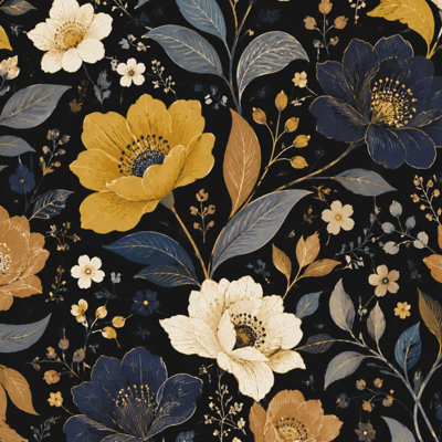 Peel and Stick Wallpaper Elegant Dark Floral Gold Cream Blue Flowers Leaves Contact Paper Removable Self Adhesive Wall Mural Wall Decor for Bedroom Kitchen Cabinets 24in x 118in