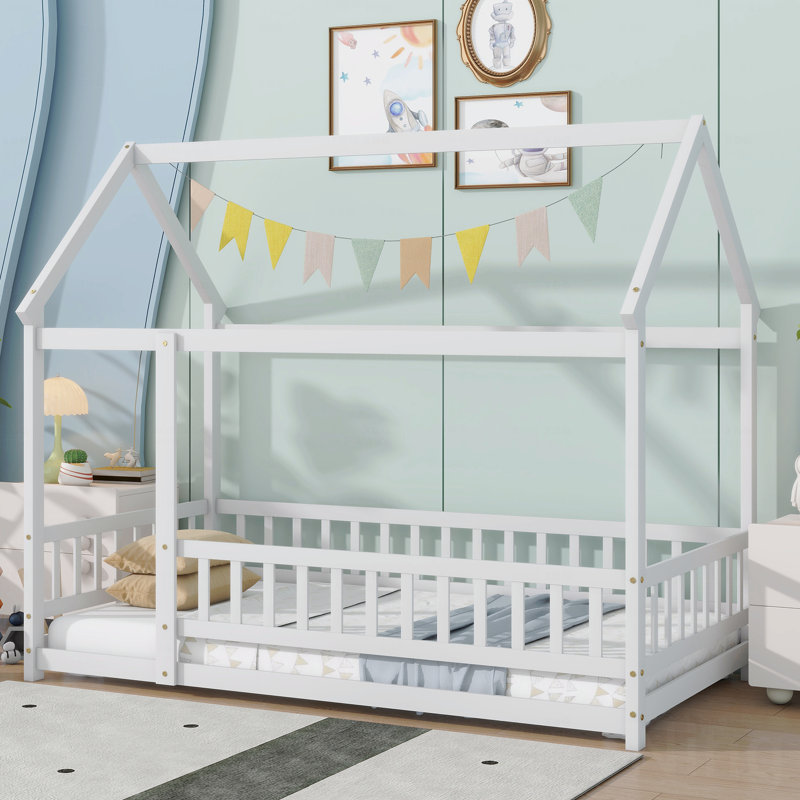 Twin Size House Floor Wooden Frame Materialen Bed Frame With Roof Frame,Safety Guardrails, Twin, White