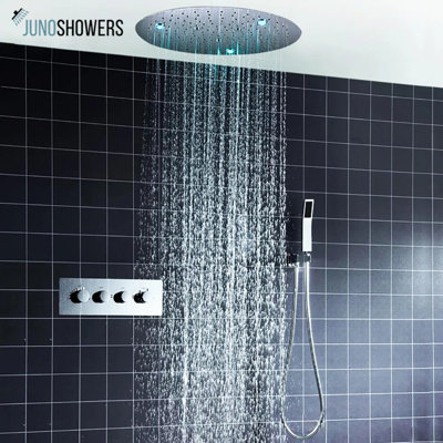 JUNO 20 Inches Round LED Concealed Embedded in Wall Thermostatic Shower with Mixer Valve & Handheld Shower