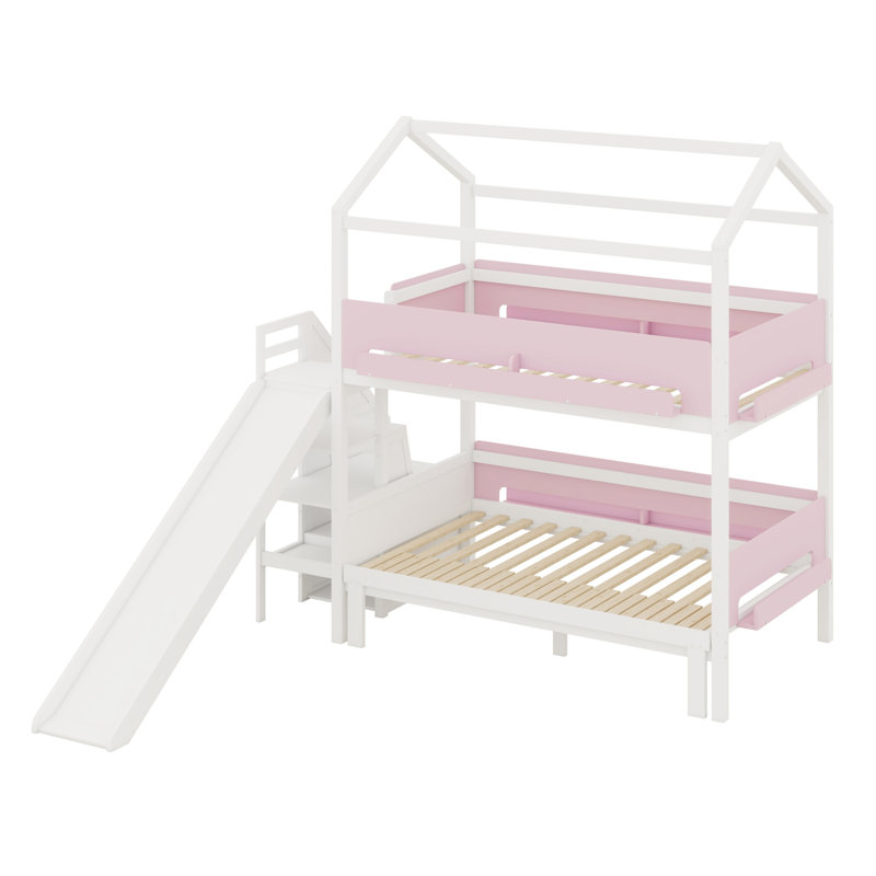 House-Shaped  Bunk Bed with Slide and Storage Staircase, White+Pink