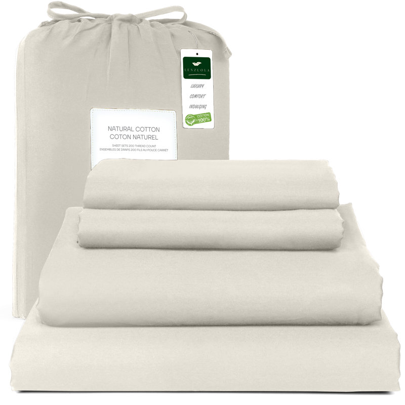 Ensemble de draps 100% satin de coton 200 fils respirant et rafraîchissant, Grand, Beige