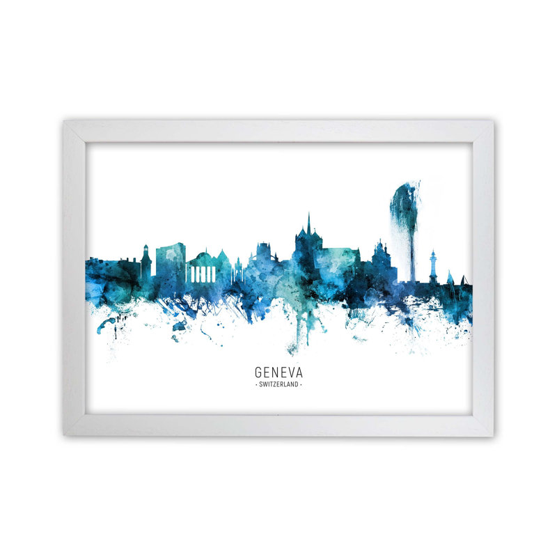 Geneva Switzerland Skyline Blue City Name by Michael Tompsett - Print, 25cm H x 34cm W x 3cm D, White Framed