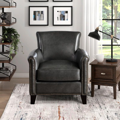 Chaise transitionnelle grise, base en bois massif, rembourrage de ressorts ensachés, garniture cloutée, pièce décorative classique, support de ressorts, profondeur d'assise de 24 po indispensable