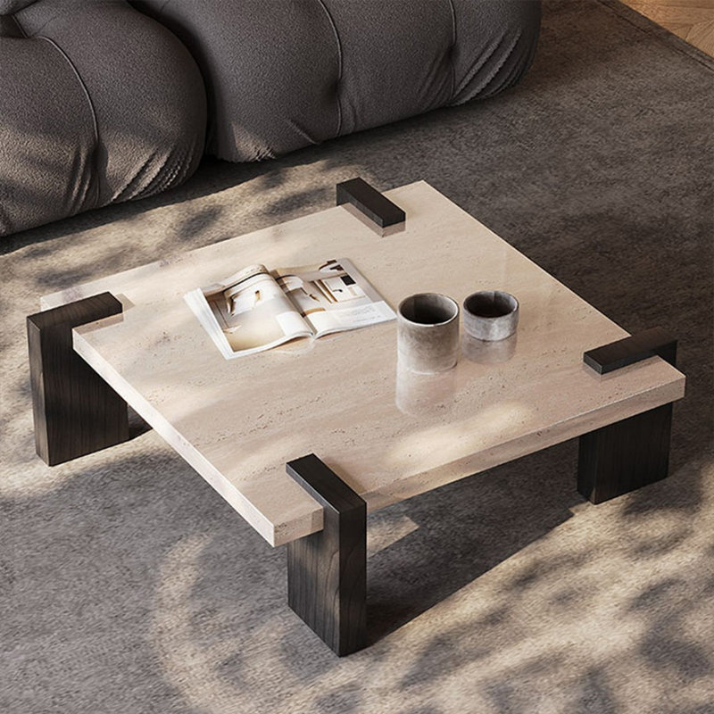 Table basse carrée en pierre noire et bois massif