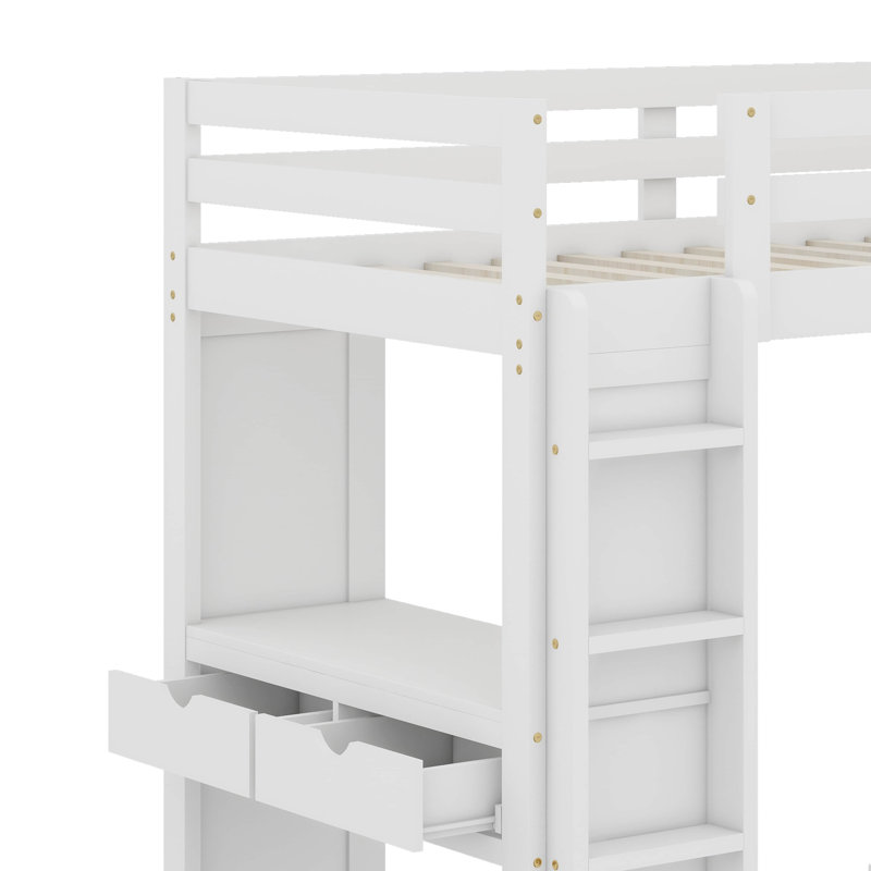  Lit mezzanine Angret avec grandes tablettes, bureau et lumière DEL, Lit simple, Blanc