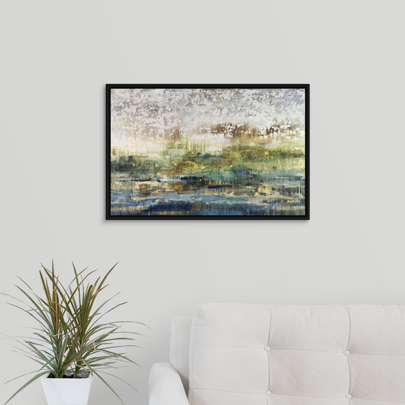 «Emerald and Aqua», peinture sur toile, H 17,7 po x l 25,7 po x p 1,75 po, Cadre flottant noir