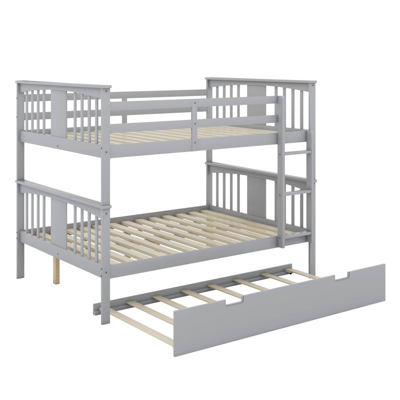 Full Over Full Bunk Bed With Twin Size Trundle And Ladder, Gray