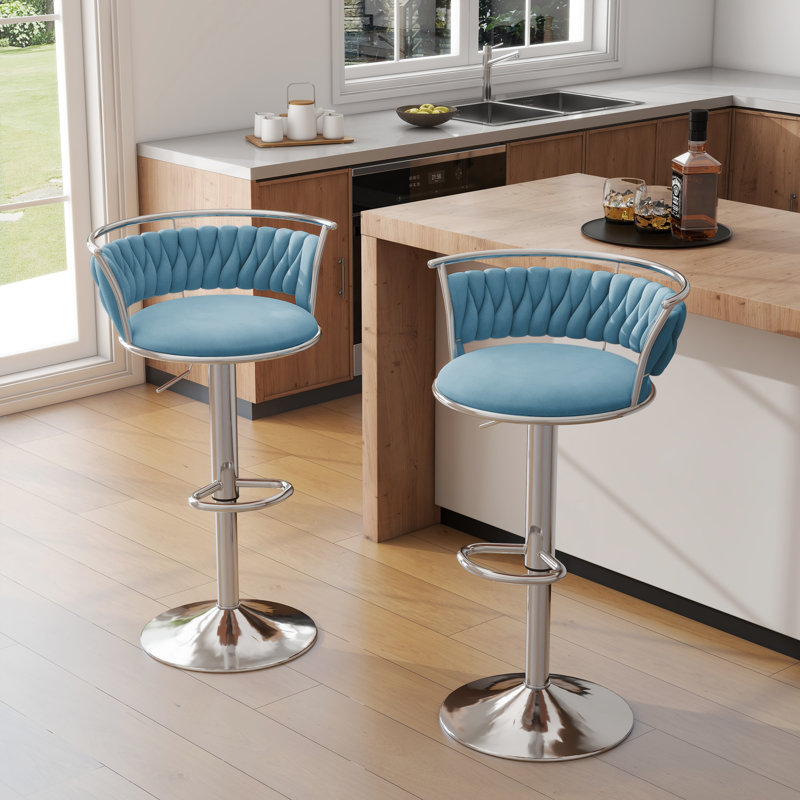 Tabouret de bar pivotant avec dossier Ginko, Bleu, Argent argent