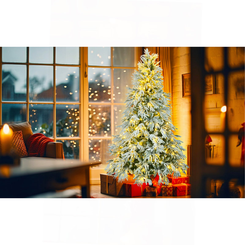 Arbre de Noël enneigé épinette 6 pi, arbre de Noël articulé artificiel avec 300 lumières DEL multicolores, 8 modes de clignotement et 790 pointes de branches de neige, décoration de bureau de vacances