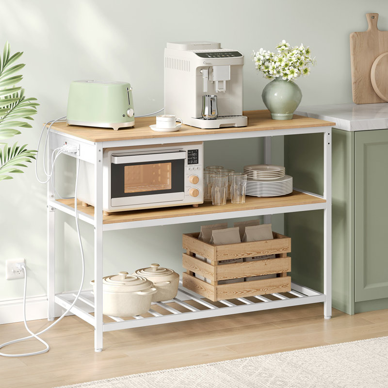Kitchen Island with 3 Shelves, 47.2 Inches Width Kitchen Shelf with Power Strip, Golden Oak/White