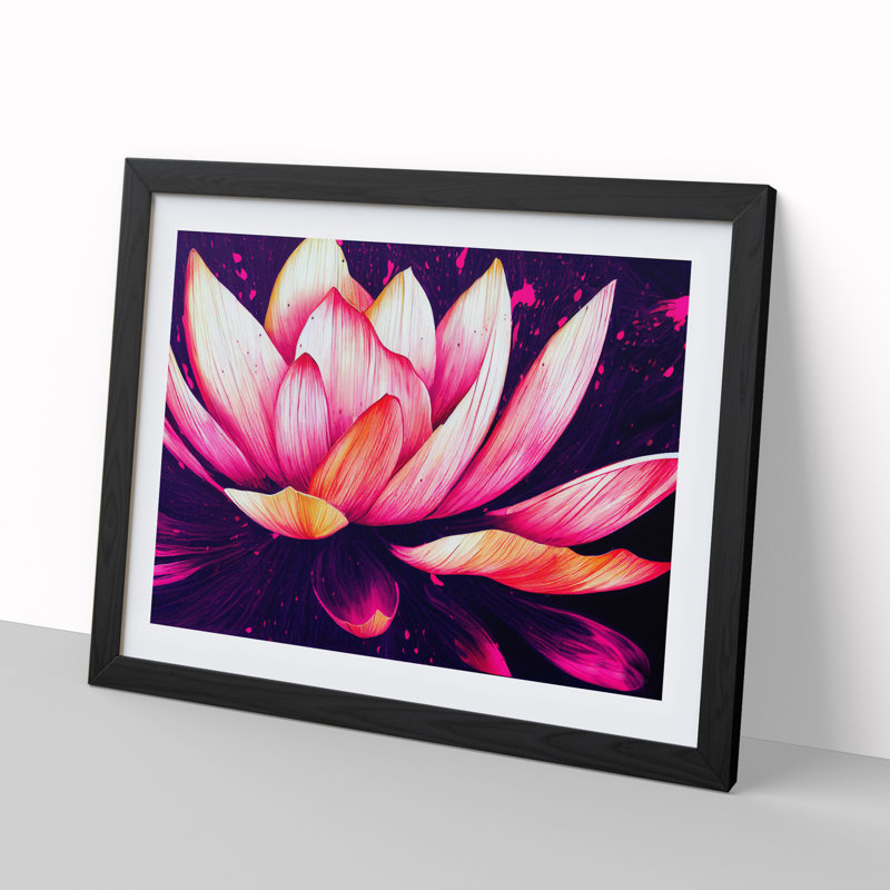 Lotus Flower Paint Splatter (4) - Single Picture Frame Print, 46cm H x 64cm W, Black