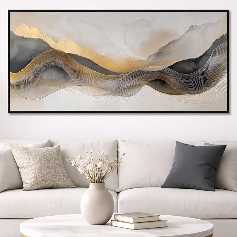 Impression sur toile encadrée or gris et or gris et vagues grises II - art mural moderne moderne, Cadre flottant noir