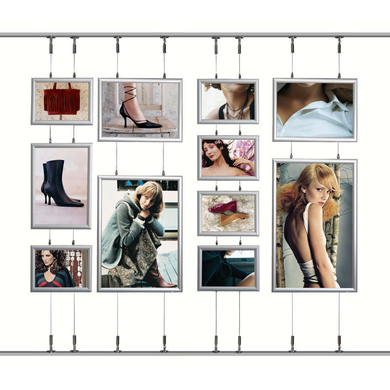M&T Displays 22x28 Front Loading Double Sided Hanging Snap Frame - Silver Aluminum, Mitered Corner Poster Holder with Anti-Glare Cover & Cable Kit