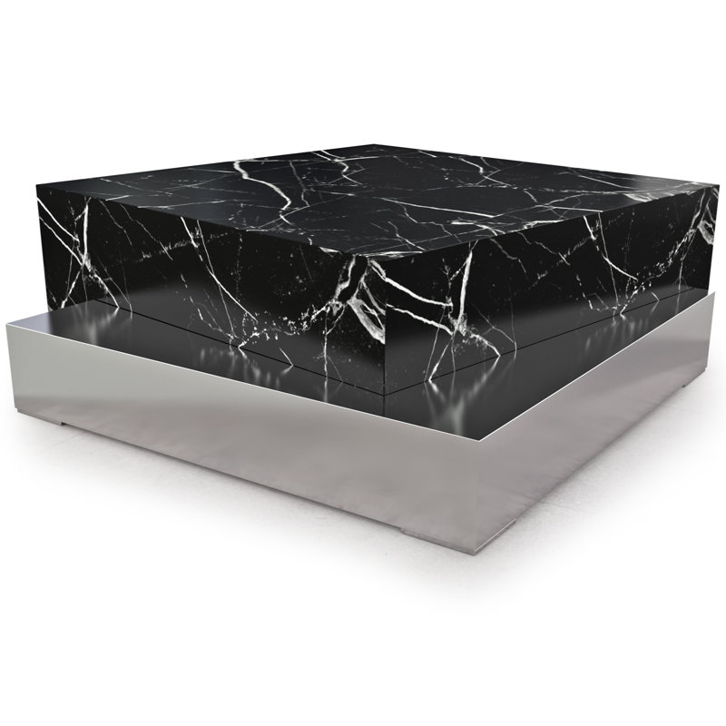 Docimium Stone Square Coffee Table, Black, Chrome