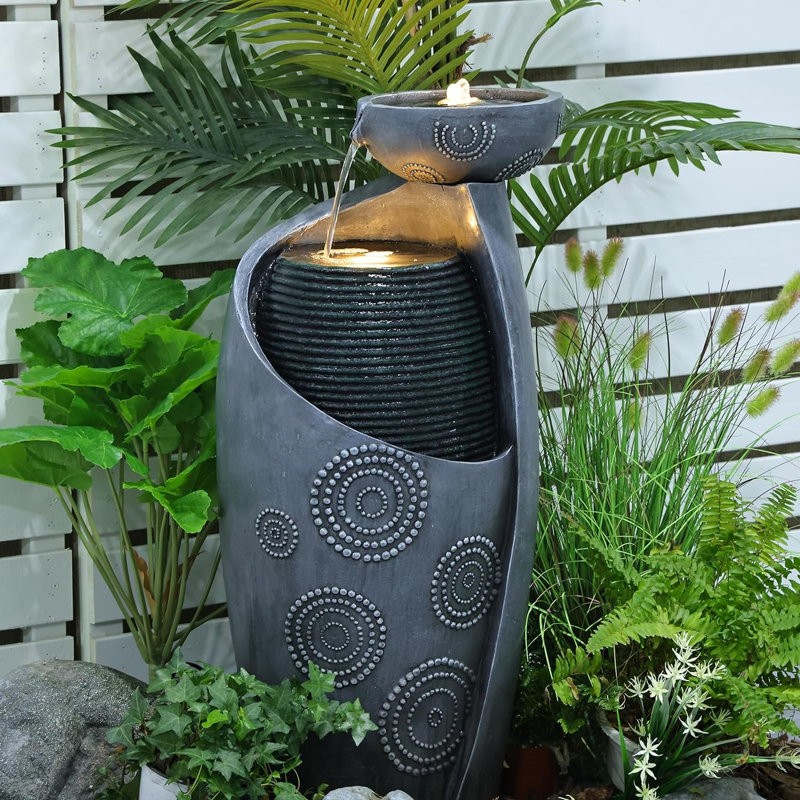 Myrtlee Handcrafted Outdoor Weather Resistant Floor Fountain with Lights, Gray