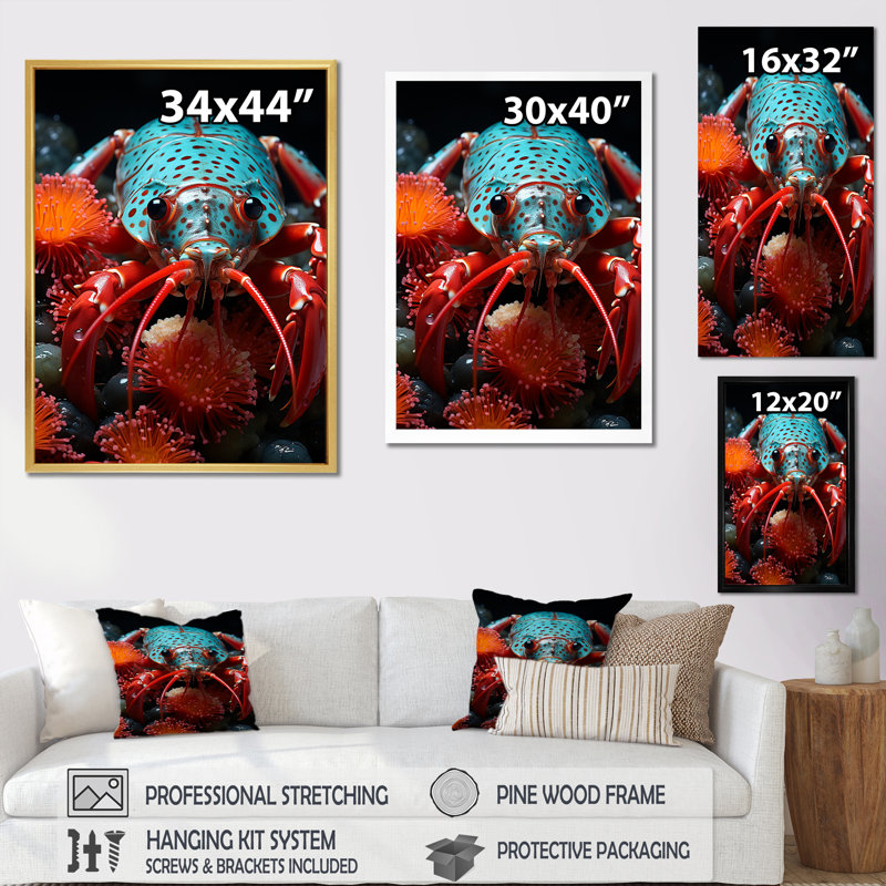 Crevette mante rouge et turquoise, reproduction d'art sur toile, H 20 po x l 12 po, Cadre flottant doré