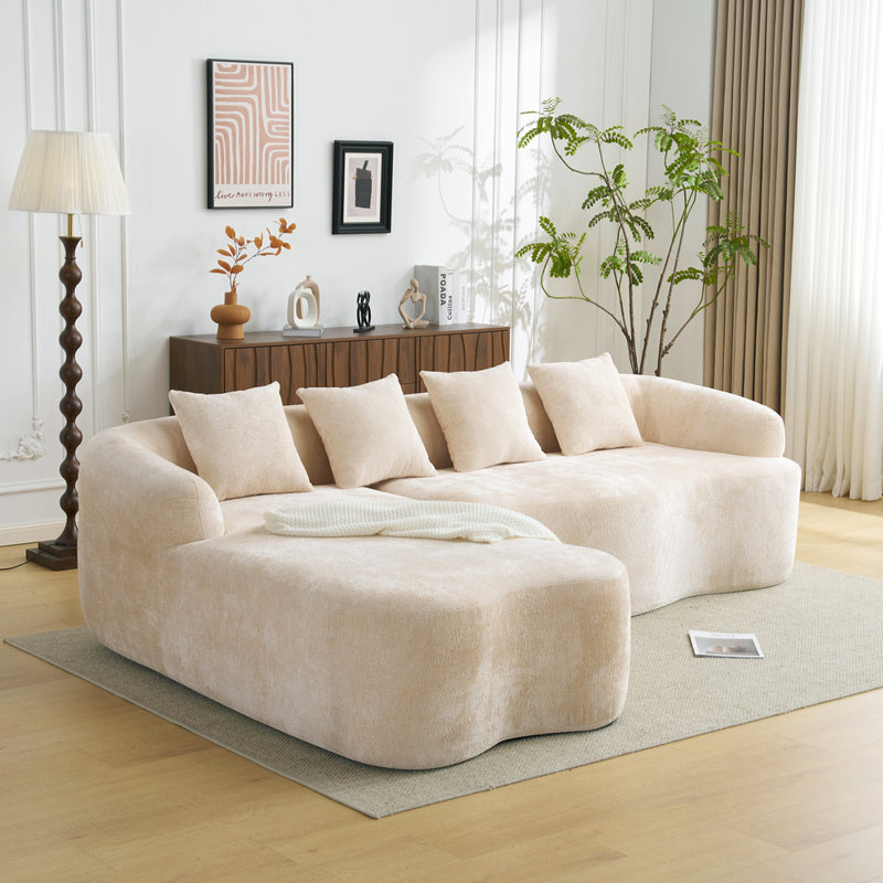 Canapé modulaire en L à compression complète avec méridienne courbée, Chenille beige