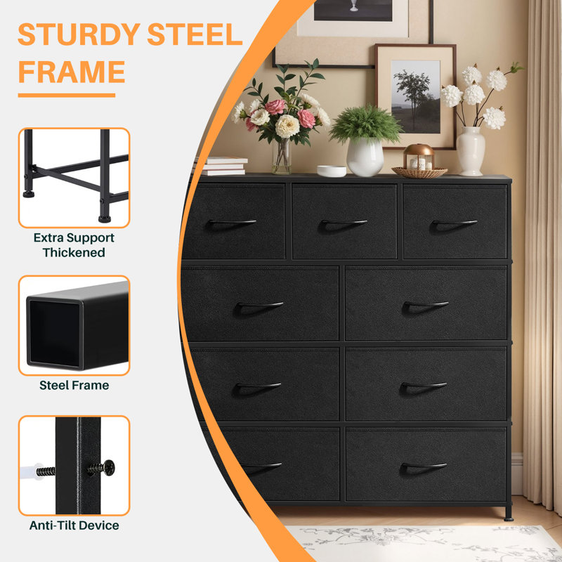 Xinia 9 - Drawer Dresser With Wood Grain Prints, Black