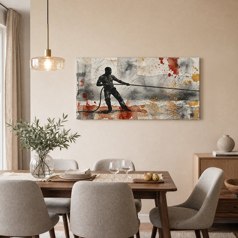 «Man Pulling Rope With Rust and Gold Splatter», art mural, L 40 po x H 20 po