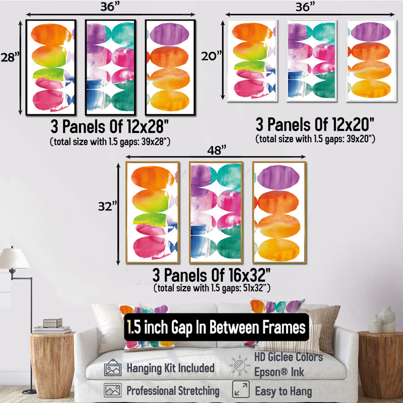 «Circle Abstract Colorfields», ensemble d'art mural sur toile encadré moderne Mid-Century, H 28 po x l 36 po x P 1 po