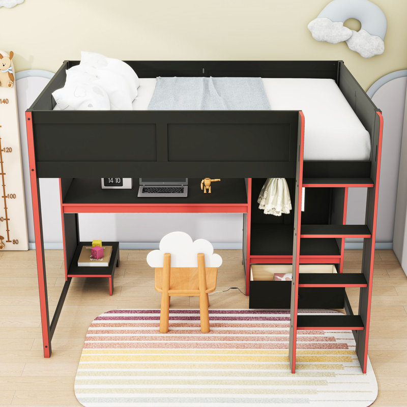 Lit mezzanine multifonctionnel avec bureau, garde-robe, tiroir et éclairage DEL, Double