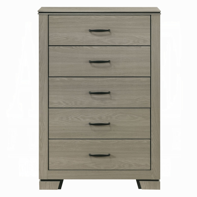 Commode haute 5 tiroirs Anna, gris vieilli, détails en métal noir