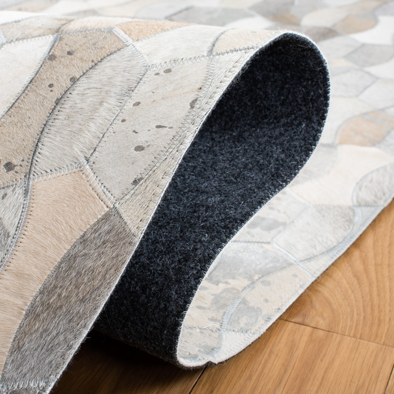 Ivory and Gray Geometric Handmade Cowhide Rug, 8' x 10'