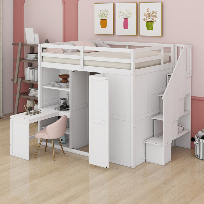 Lit mezzanine avec garde-robe, bureau et tablettes, Blanc