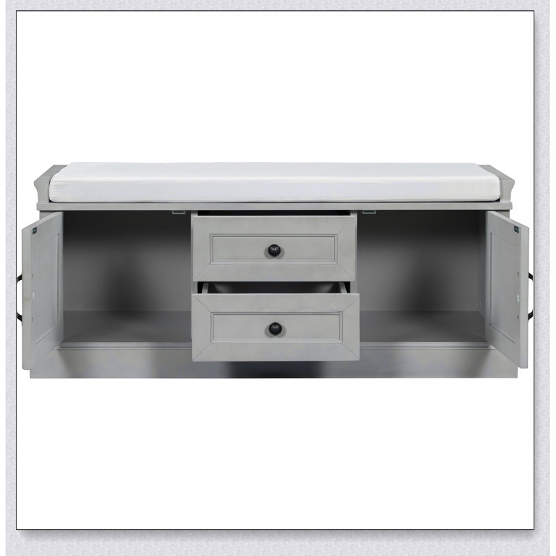 2-Drawer 2-Cabinet Storage Bench with Removable Cushion – Gray Wash Finish, Shoe Bench for Entryway/Hallway, Gray