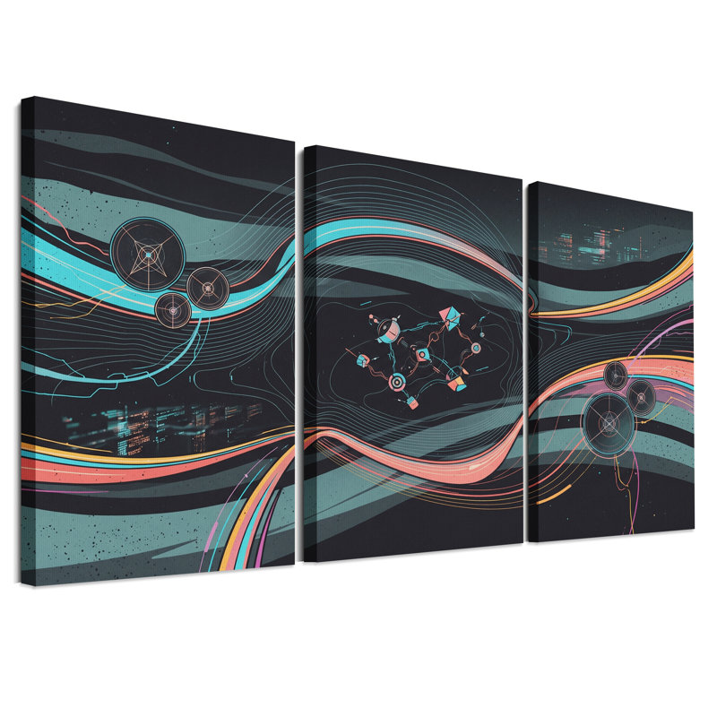 Ensemble de 3 toiles murales abstraites aux lignes fluides cyan et orange, H 30 po x l 20 po x 3 pièces