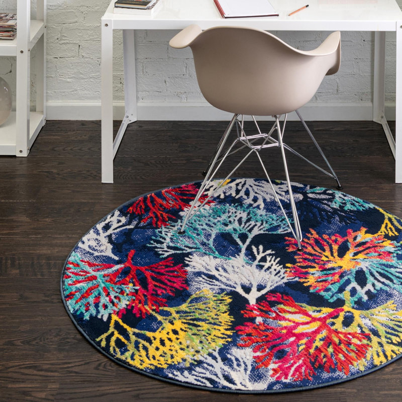 Tapis champêtre et floral de couleur turquoise-denim, Rond 7 pi