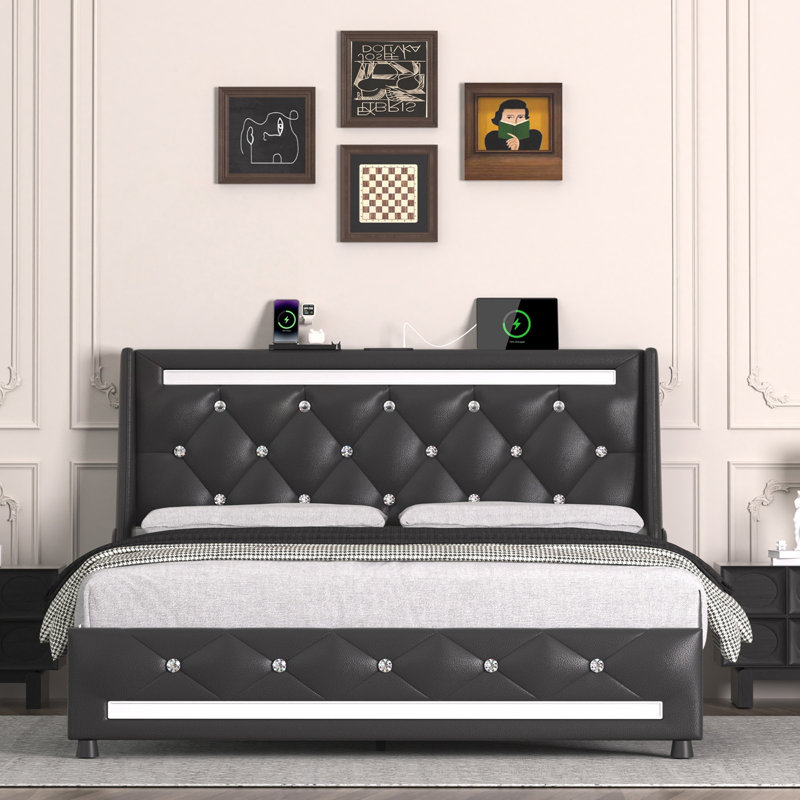 Structure de lit double avec tête de lit, structure de lit plateforme tapissier pleine grandeur avec station de charge et lumières DEL, sommier avec support de lattes en bois, aucun sommier requis, silencieux, assemblage facile