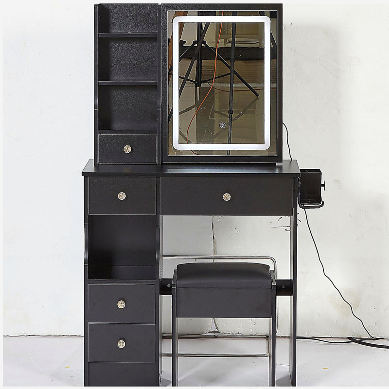 Petit meuble-lavabo de 29,2 po avec tiroir à gauche + tabouret rembourré, 2 blocs d'alimentation CA + 2 ports USB, support pour séchoir à cheveux, très grand miroir à DEL coulissant à commande tactile, changement de luminosité tricolore, réglage de la luminosité