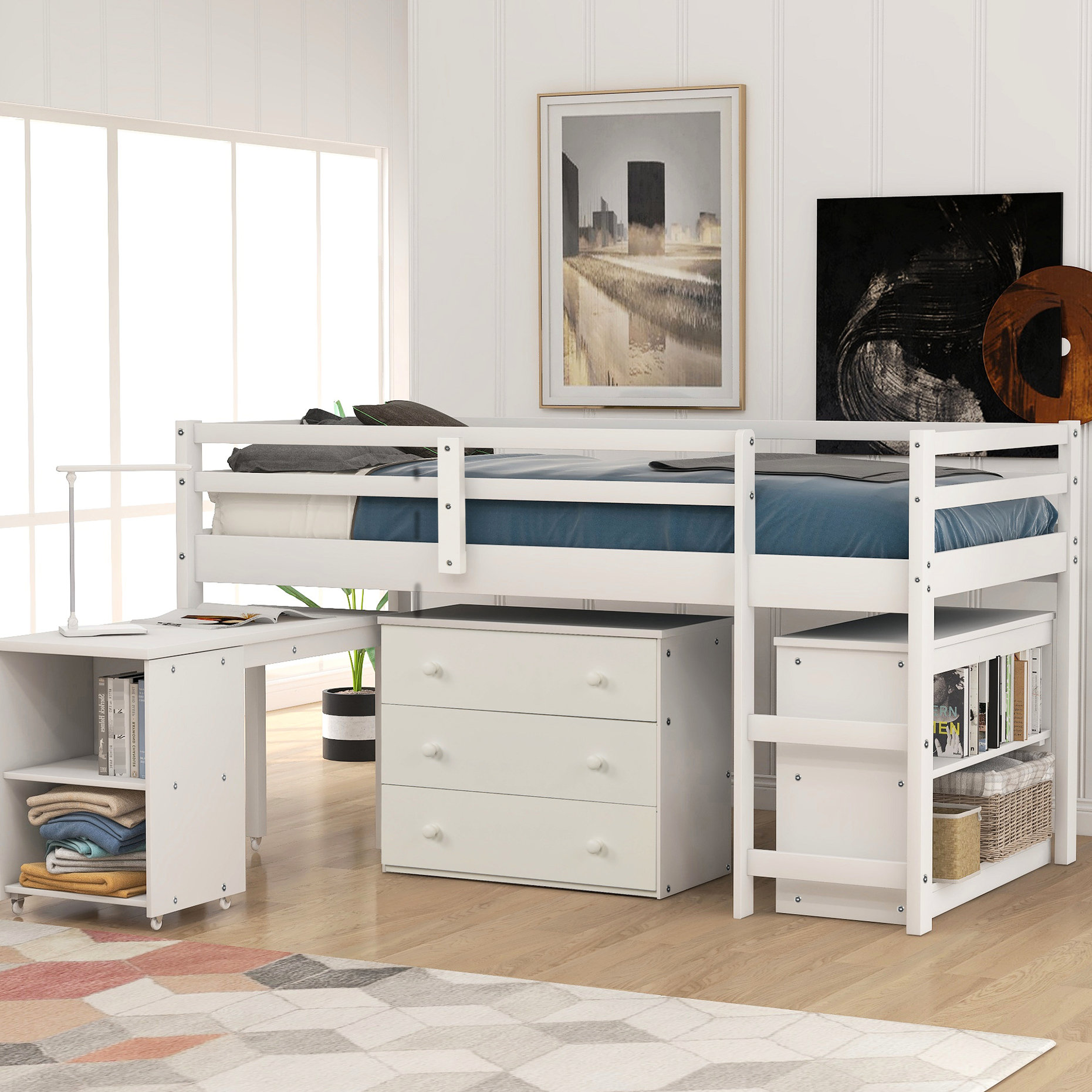 Latitude Run® Twin Loft Bed With Functional Cabinet And Portable Sewing ...