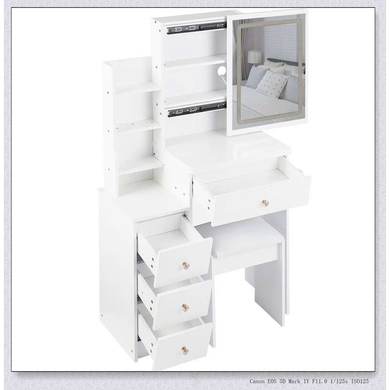Compact 29.2-Inch Vanity Table With LED Mirror, Power Station, And Hair Dryer Bracket For Small Bedrooms, White