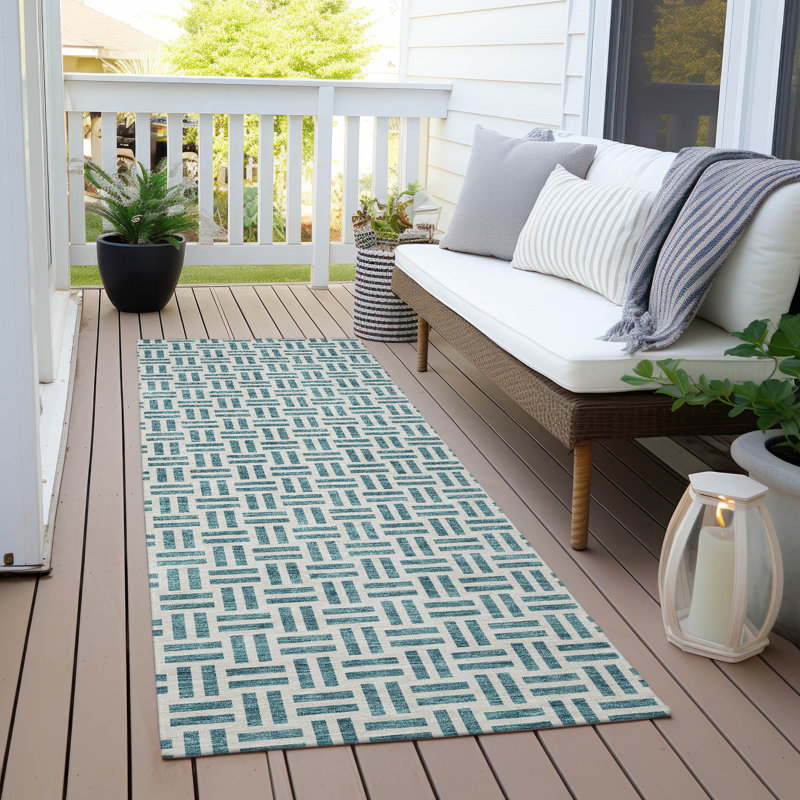 Teal Geometric Washable Synthetic Indoor/Outdoor Runner Rug
