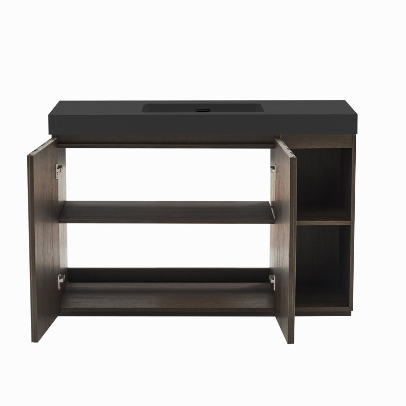 Meuble-lavabo autoportant en chêne fumé 48F avec lavabo 48 po pour salle de bain moderne, lavabo une pièce en quartz noir sans drain ni robinet