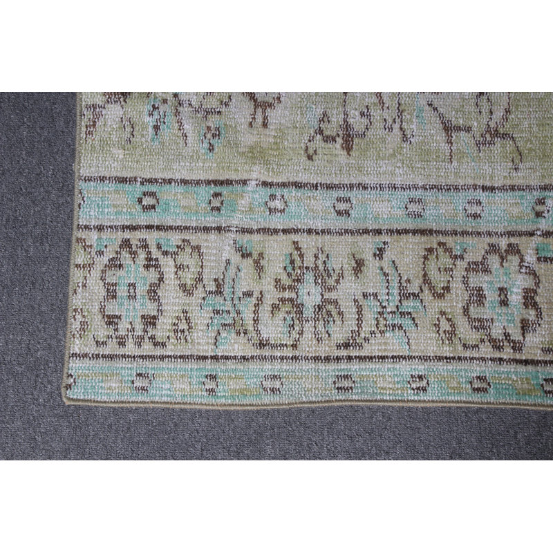 Antique Anatolian-Inspired Green Woolen Accent Rug Ideal For Bedroom Or Kitchen