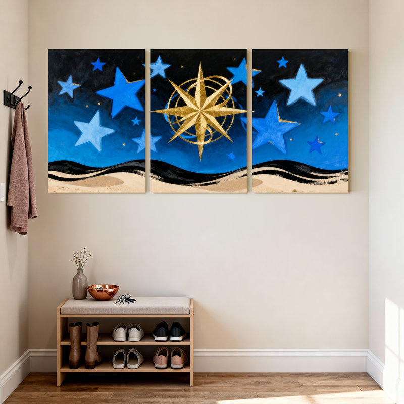 Ciel étoilé avec boussole dorée, ensemble de 3 impressions sur toile, H 18 po x l 36 po