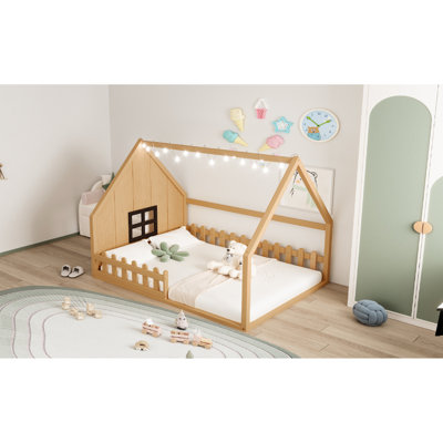 Natural Full Size Wood House Bed With Fence And Window, Construction Solid Wood, Led For Delight, Playful 'S Playground, No Box Spring Window Fence, Long-Term Use, Entertainment, Design , Required