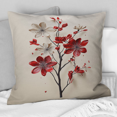 Red Beige Minimalism Essence Of Red Flower - Minimalism Printed Throw Pillow