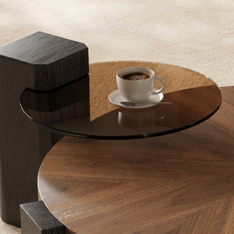 2-Piece Round Coffee Table Set, Space-Saving Nesting Tables with Walnut Finish & Tea Glass Top, Modern Geometric Base for Living Room